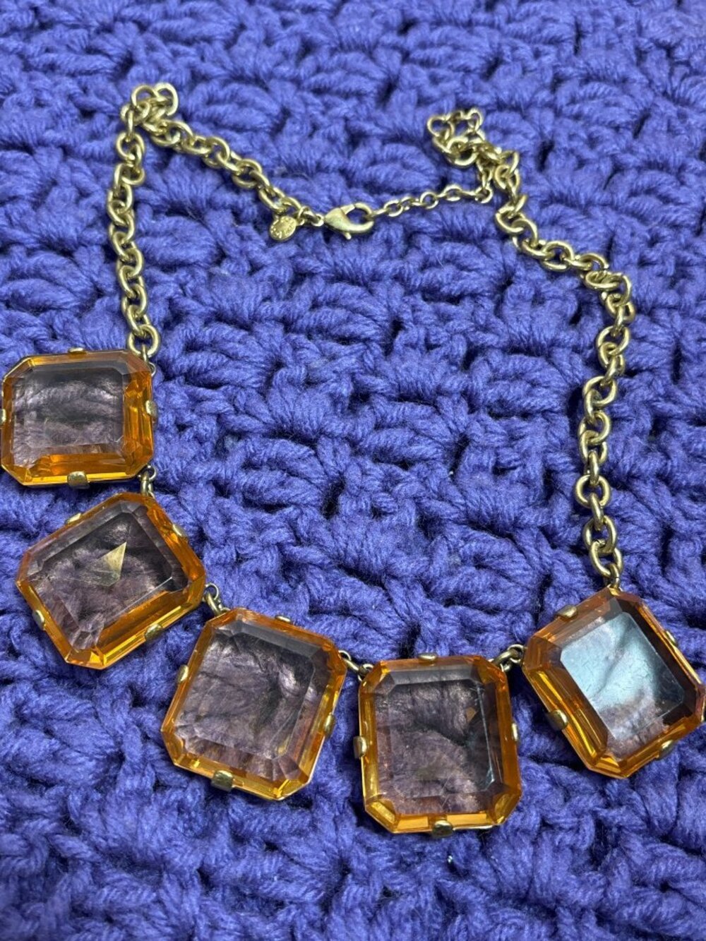 Vintage Y2K J.Crew Chunky Orange Glass Squares Bib Necklace Goldtone 20 inches L